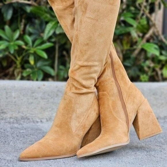 Women's Tan Over The Knee pointed Chunky Block Heel Boots - Picture 3 of 6